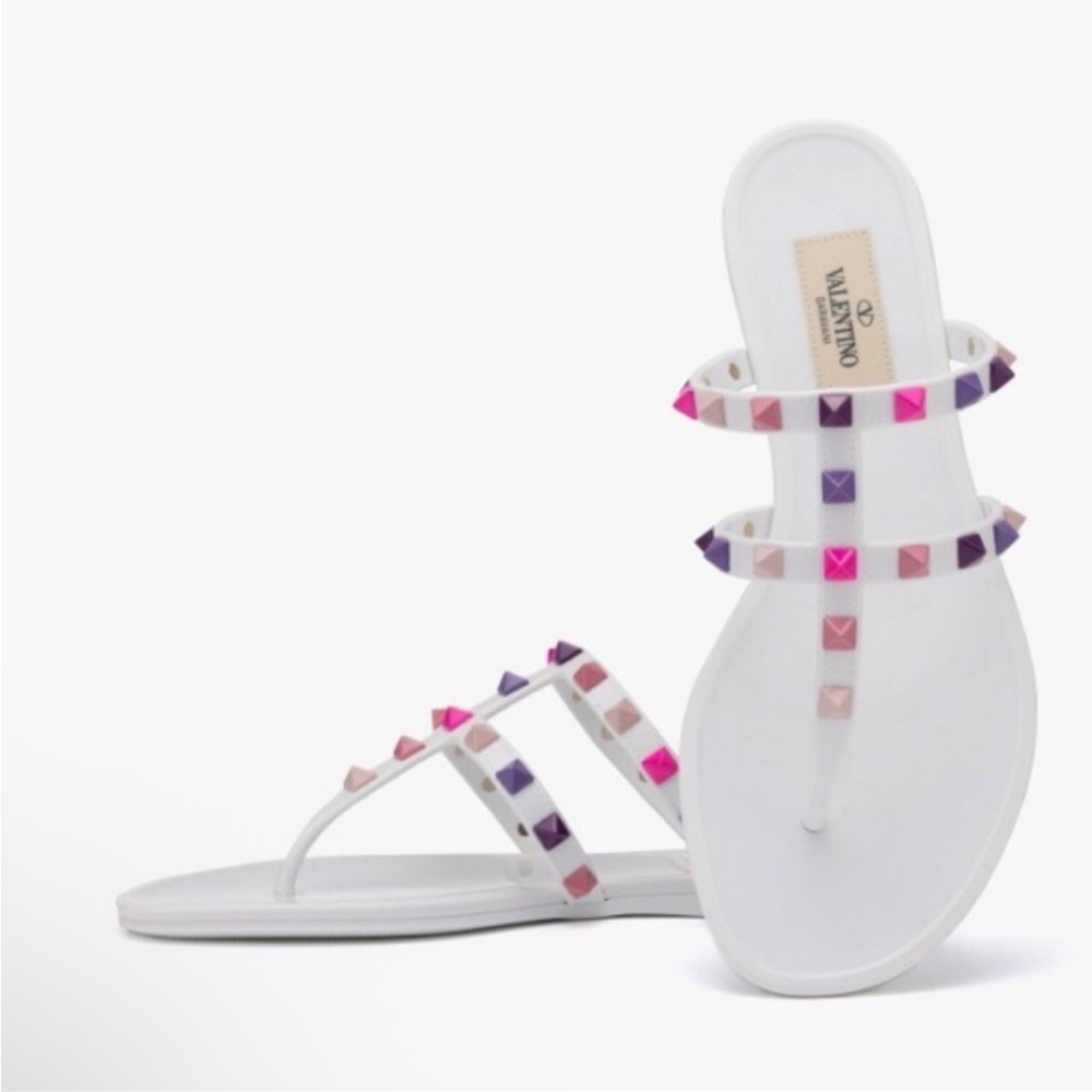 Valentino Garavani FLAW PVC Rubber Rockstud White Flat Sandals Pink Purple